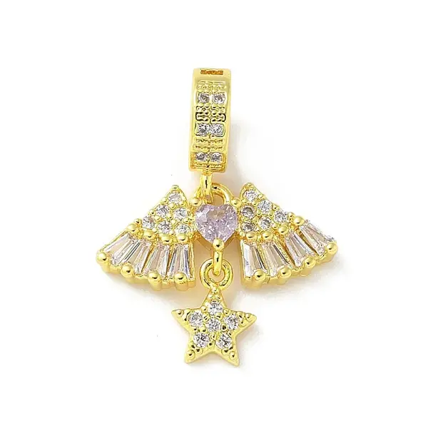 Brass Micro Pave Clear Cubic Zirconia Star & Wing Heart European Dangle Charms