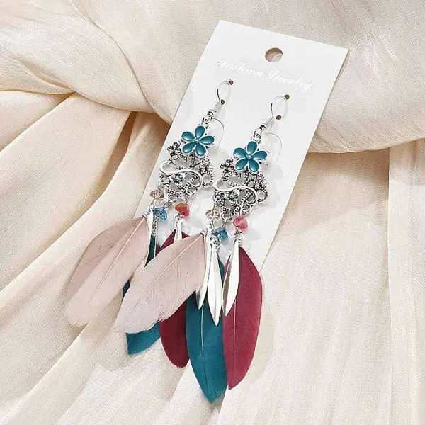 Flower & Feather Alloy Chandelier Earrings