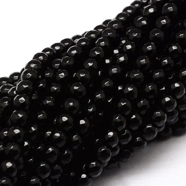 Faceted Natural Black Onyx Round Beads Strands
