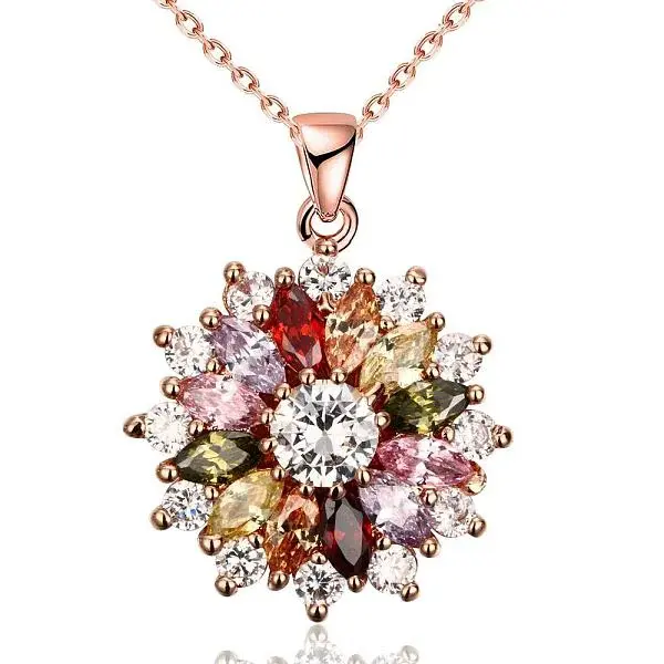 Real Rose Gold Plated Brass Cubic Zirconia Flower Pendant Necklaces