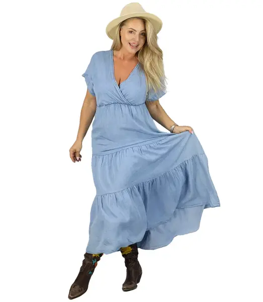 Pri Dress maxi ala jeans with envelope neckline boho style SAVANNAH