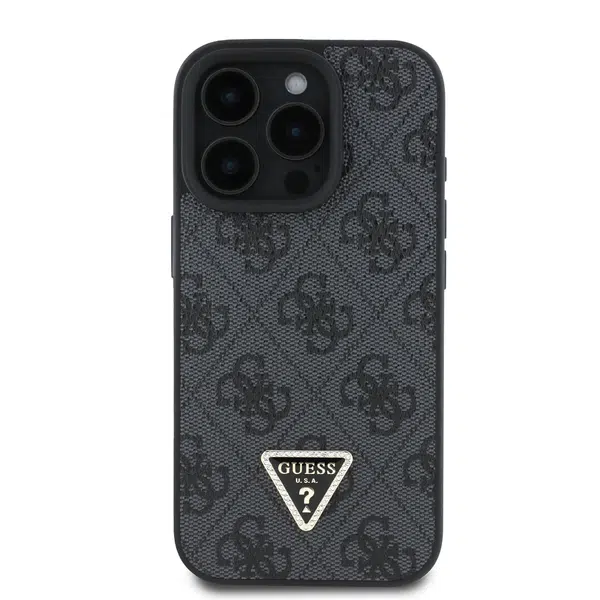 Zadní kryt Guess PU 4G Strass Triangle Metal Logo pro Apple iPhone 16 Pro Max, černá