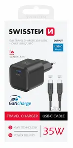 Swissten síťový adaptér /GaN/USB-C/35W/Power Delivery/ + datový kabel USB-C/USB-C/ černá
