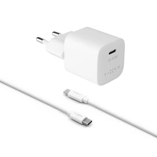 Set síťové nabíječky FIXED Mini s USB-C výstupem a USB-C/USB-C kabelu, podpora PD, 1 metr, 20W, bílá