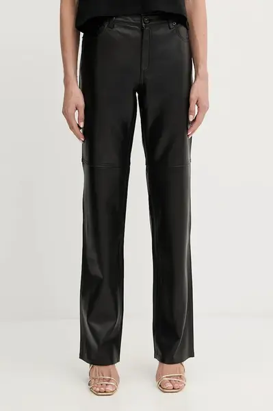 Kožené nohavice MICHAEL Michael Kors čierna farba, rovný strih, vysoký pás, MT530UWFAF