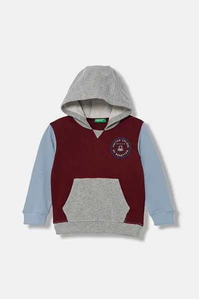 Dětská bavlněná mikina United Colors of Benetton vínová barva, s kapucí, vzorovaná, 3J68G2014