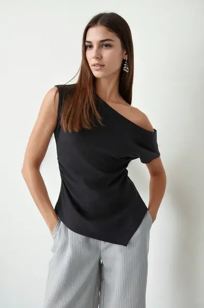 49777 Dewberry Asymmetrical Collar Womens Blouse-BLACK