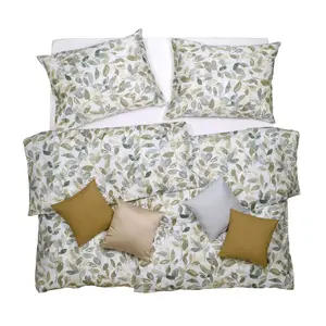 SCANquilt povlečení SATÉN TENCEL DESIGN leaves šedozlatá 140 x 200/70 x 90 cm