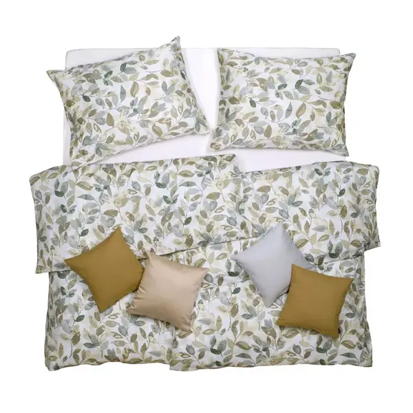 SCANquilt povlečení SATÉN TENCEL DESIGN leaves šedozlatá 140 x 200/70 x 90 cm