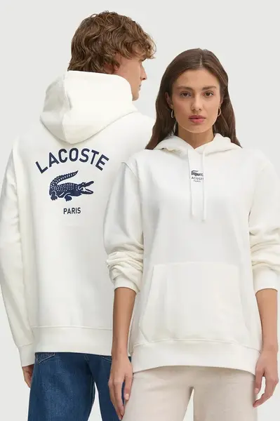 Bavlněná mikina Lacoste bílá barva, s kapucí, s potiskem, SH2740