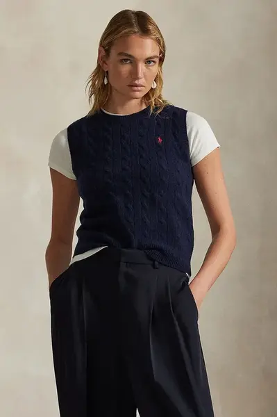 Kašmírová vesta Polo Ralph Lauren tmavomodrá barva, 211972134