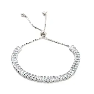 Brass Pave Clear Cubic Zirconia Rectangle Box Chain Slider Bracelets