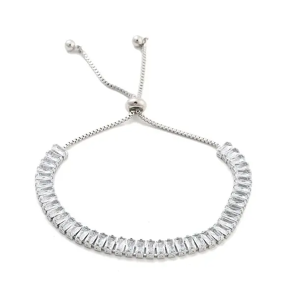 Brass Pave Clear Cubic Zirconia Rectangle Box Chain Slider Bracelets