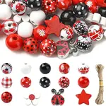 70Pcs 14 Styles Printed Wood Round Beads with 10M Jute Cord