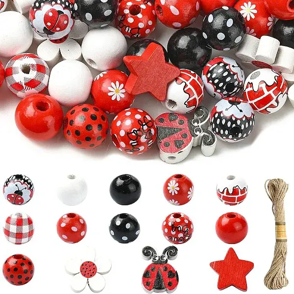 70Pcs 14 Styles Printed Wood Round Beads with 10M Jute Cord