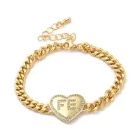 Brass Micro Pave Clear Cubic Zirconia Heart Cuban Link Chains Bracelets for Women