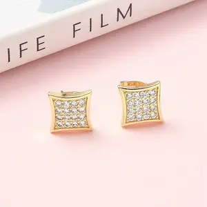 Square Brass Micro Pave Clear Cubic Zirconia Stud Earrings