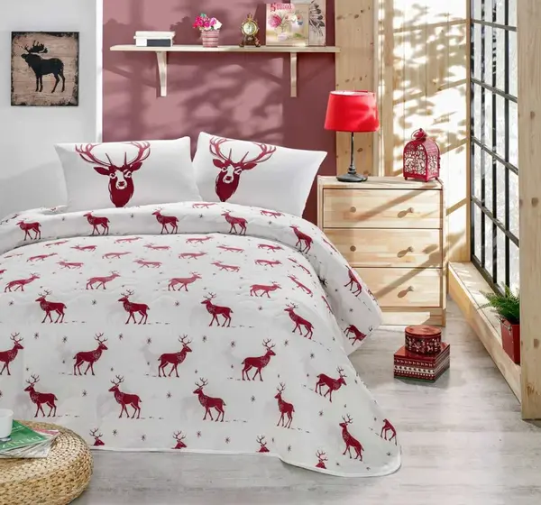 Prikrývka 200x220 + 2 vankúše forest - červená, bielá