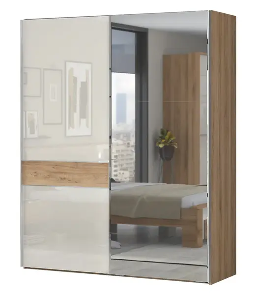 Skříň posuvná 2d se zrcadlem hagop-ořech pacifik/béžová - s osvětlením