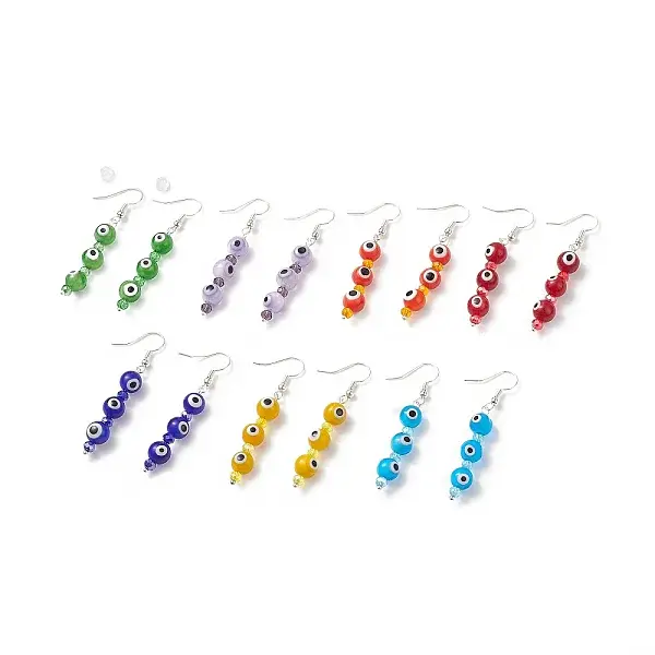 7 Pairs 7 Color Lampwork Evil Eye & Glass Beaded Dangle Earrings