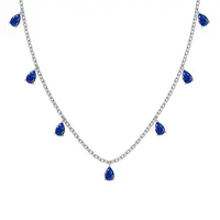 Rhodium Plated 925 Sterling Silver Pave Blue Cubic Zirconia Cable Chain Teardrop Tassel Necklaces for Women