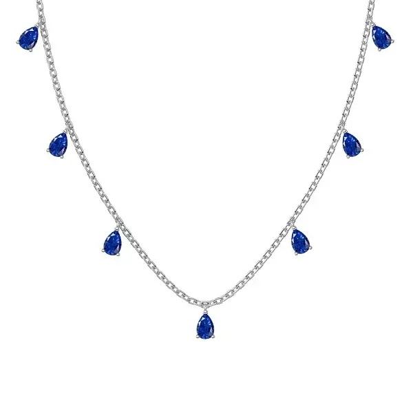 Rhodium Plated 925 Sterling Silver Pave Blue Cubic Zirconia Cable Chain Teardrop Tassel Necklaces for Women