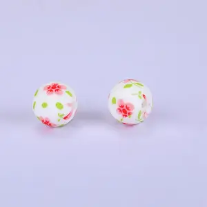 Printed Round with Flower Pattern Silicone Focal Beads