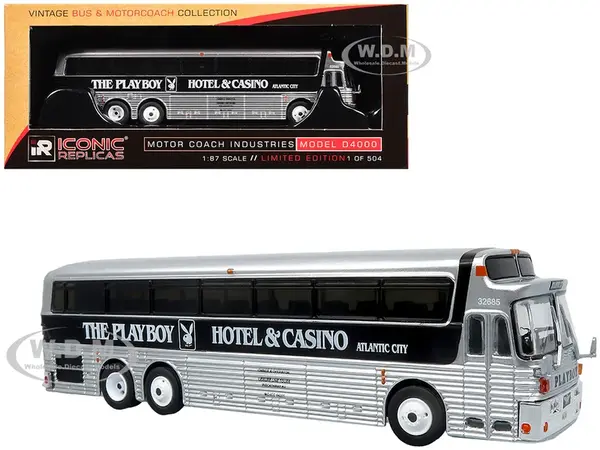 1969 Eagle Model 05 Coach Bus "The Playboy Hotel &amp; Casino" Silver and Black Limited Edition to 504 pieces Worldwide 1/87 (HO) Diecast Model by Ic