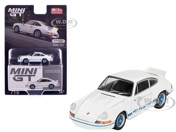 Porsche 911 Carrera RS 2.7 Grand Prix White with Blue Stripes and Wheels Limited Edition to 4800 pieces Worldwide 1/64 Diecast Model Car by Mini GT