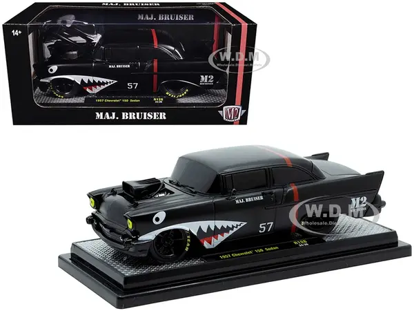 1957 Chevrolet 150 Sedan "Maj. Bruiser" Matt Black with Red Stripe and Shark Mouth Graphics Limited Edition to 6650 pieces Worldwide 1/24 Diecast Mod