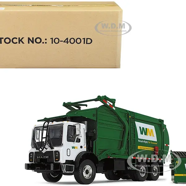 Mack TerraPro "Waste Management" Refuse Garbage Truck with Wittke Front Load White and Green with Garbage Bin 1/34 Diecast Model by First Gear