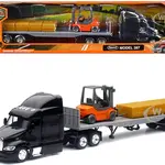 Peterbilt 387 Truck with Flatbed Trailer Black with Forklift and Hay Bales "Long Haul Trucker" Series 1/43 Diecast Model by New Ray