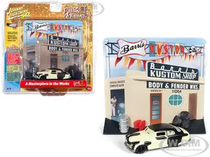 1949 Mercury Coupe Project Car with "Barris Kustom Shop" Facade Diorama "Johnny Lightning 50th Anniversary" 1/64 Diecast Model Car by Johnny Lightnin