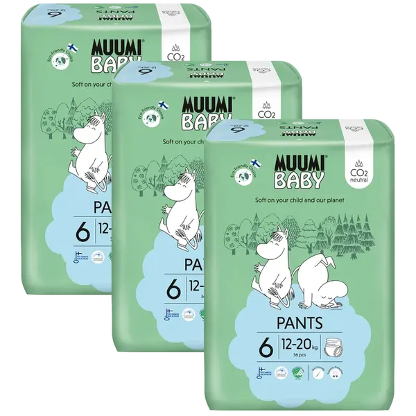 MUUMI BABY Pants 6 Junior 12-20 kg, měsíční balení kalhotkových eko plen 108 ks