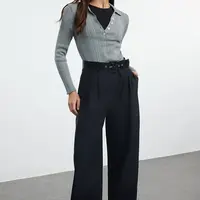 Trendyol Black Wide Leg Belted Fabric Woven Trousers