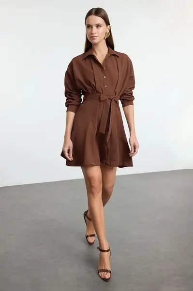 Trendyol Brown Mini Woven Shirt Dress with Open Waist Skirt
