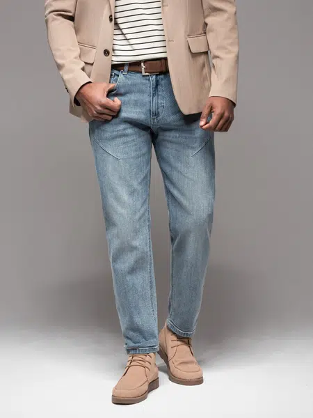 Ombre Men's CARROT FIT denim pants with decorative darts - light blue