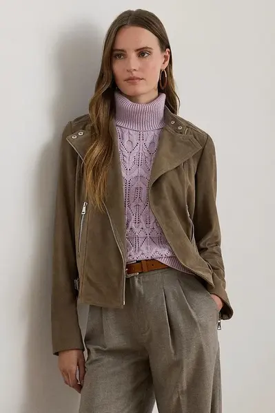 Kožená motorkářská bunda Lauren Ralph Lauren hnědá barva, přechodná, 200951236