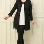 By Saygı Side Slit Sleeveless Blouse Sequin Embroidered Lined Tulle Jacket Trousers Large Size 3-Piece Set