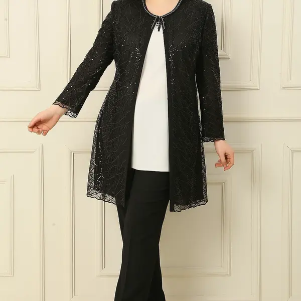 By Saygı Side Slit Sleeveless Blouse Sequin Embroidered Lined Tulle Jacket Trousers Large Size 3-Piece Set