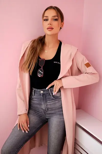 Dlouhý kardigan s kapucí tmavě pudrově růžový