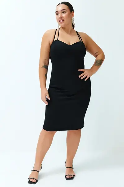 Trendyol Curve Black Sweetheart Neckline Strap Knitted Dress