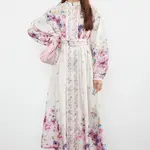 Trendyol Ecru Belted Woven Floral Patterned Dress