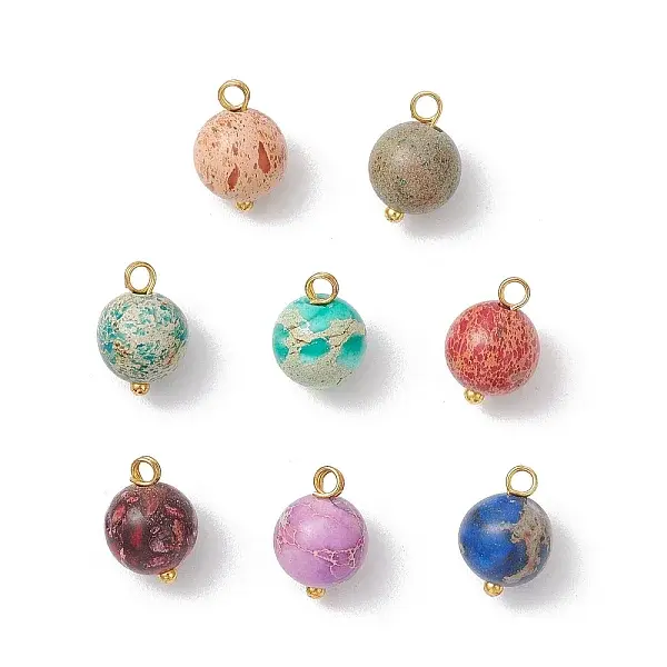 Dyed Natural Imperial Jasper Round Charms with Brass Loops