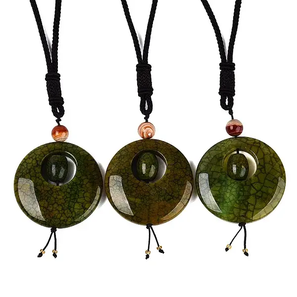Adjustable Natural Agate Flat Round Pendant Necklaces