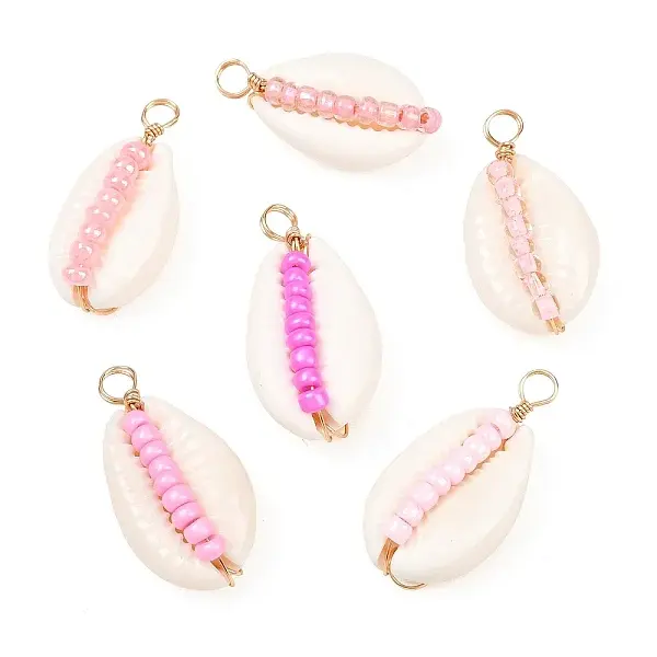 6Pcs 6 Styles Natural Cowrie Shell & Glass Seed Beads Pendants