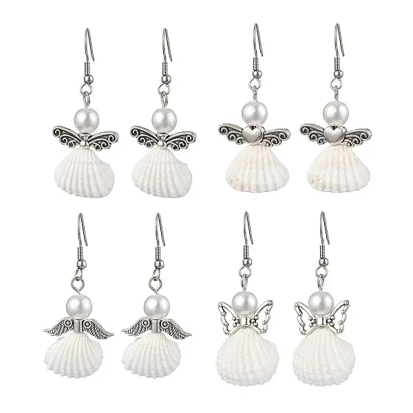 Angel Spiral Shell & Glass Pearl Dangle Earrings