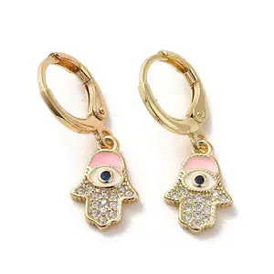 Hamsa Hand with Evil Eye Golden Brass Dangle Leverback Earrings