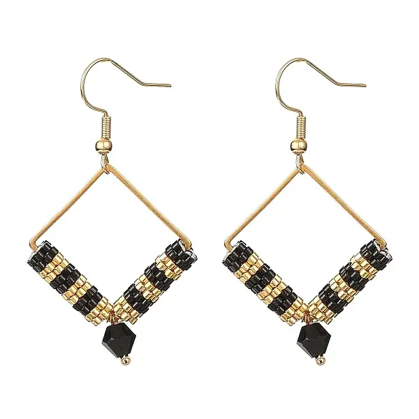Glass Seed Braided Rhombus Dangle Earrings