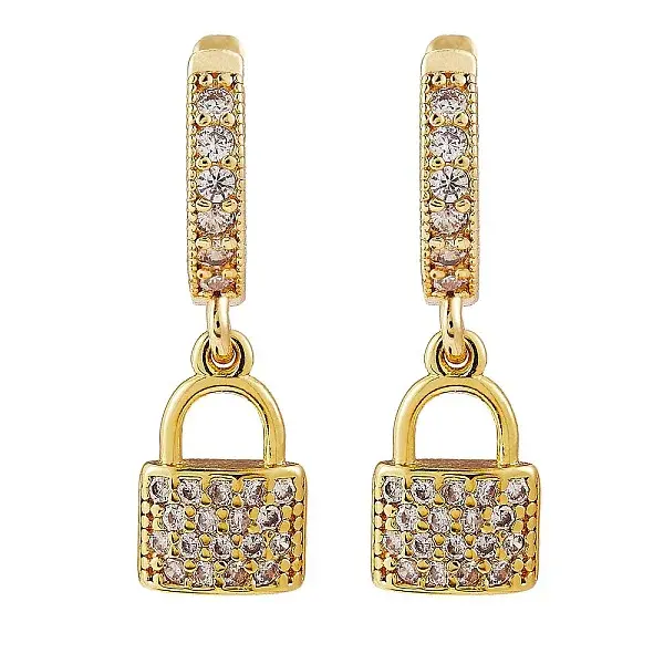 Clear Cubic Zirconia Padlock Drop Huggie Hoop Earrings